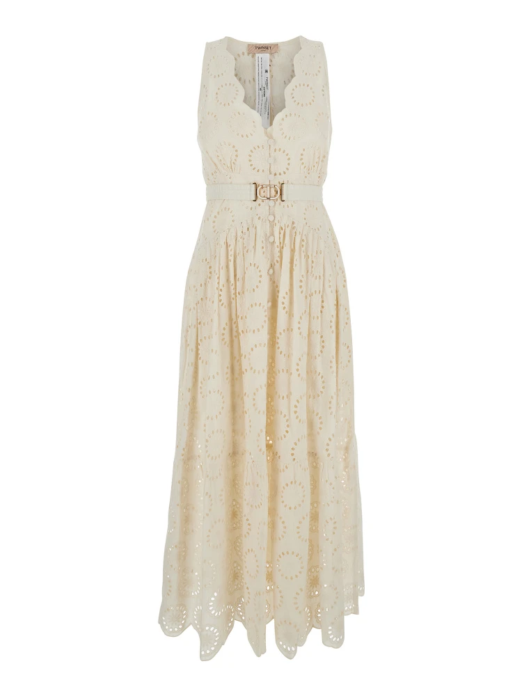 White Long Dress with V-Neck and Waist Belt with Metallic Logo Plaque in Cotton Woman