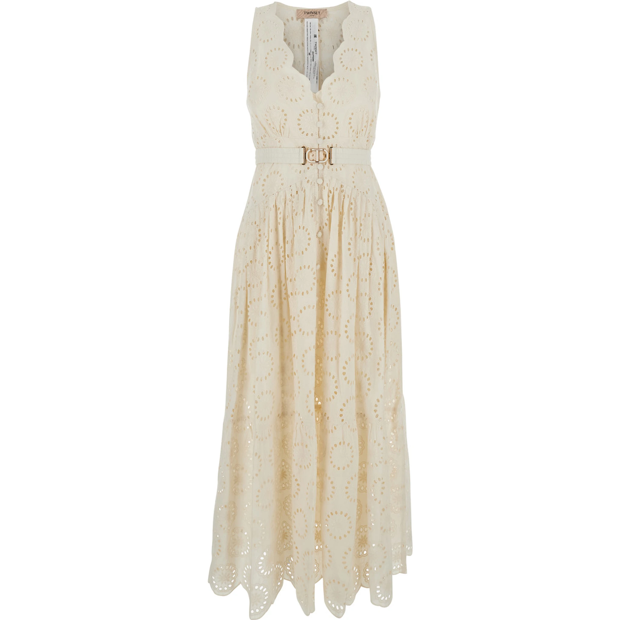 White Long Dress with V-Neck and Waist Belt with Metallic Logo Plaque in Cotton Woman