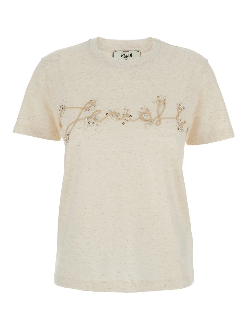 Beige Crewneck T-Shirt with Logo Embroidery on the Front and Rhinestone Details in Cotton Blend Jersey Woman