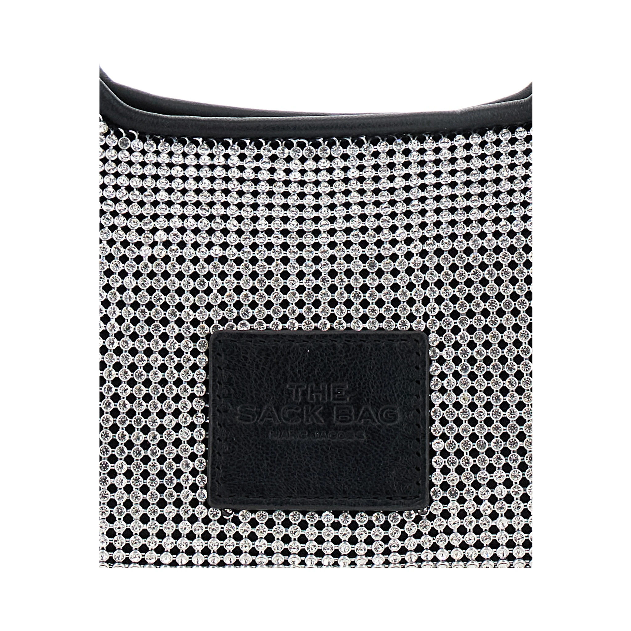 حقيبة يد صغيرة معدنية مزينة بشعار في الخلف ومزينة بالكامل بالكريستال، مصنوعة من قماش تقني نسائي