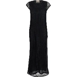 Black Crewneck Long Dress with Fishnet Design and Matching Underdress in Cotton Woman