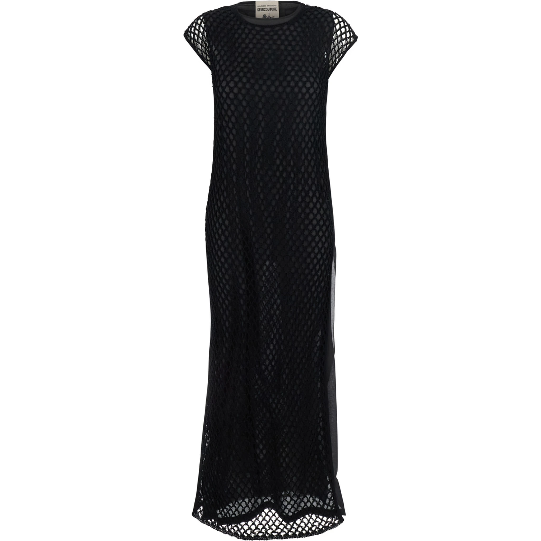 Black Crewneck Long Dress with Fishnet Design and Matching Underdress in Cotton Woman