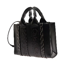 Small Woody Black Tote Bag with Tonal Logo Detail in Leather Woman