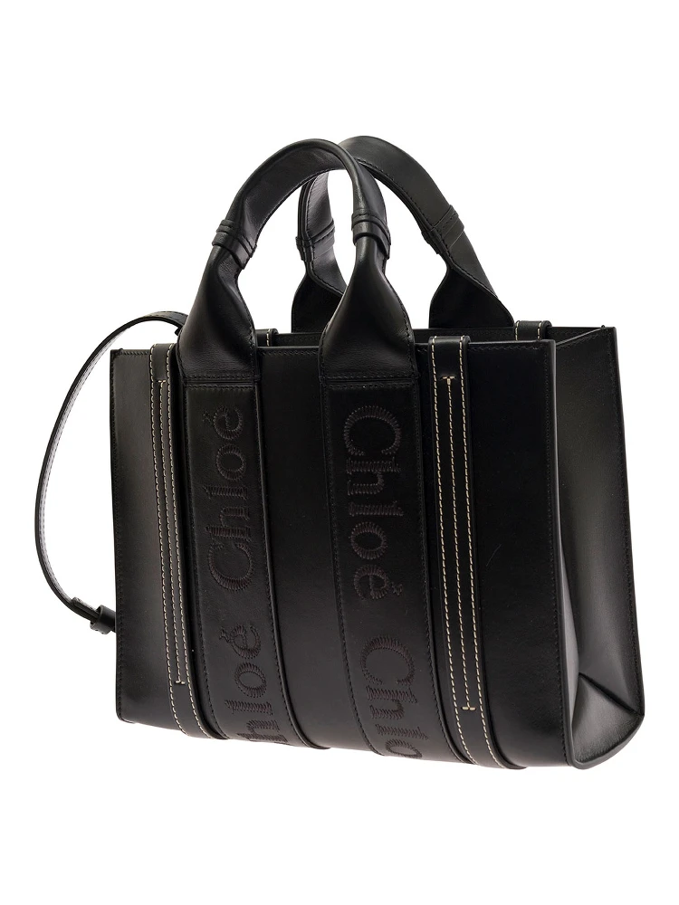 Small Woody Black Tote Bag with Tonal Logo Detail in Leather Woman alternative