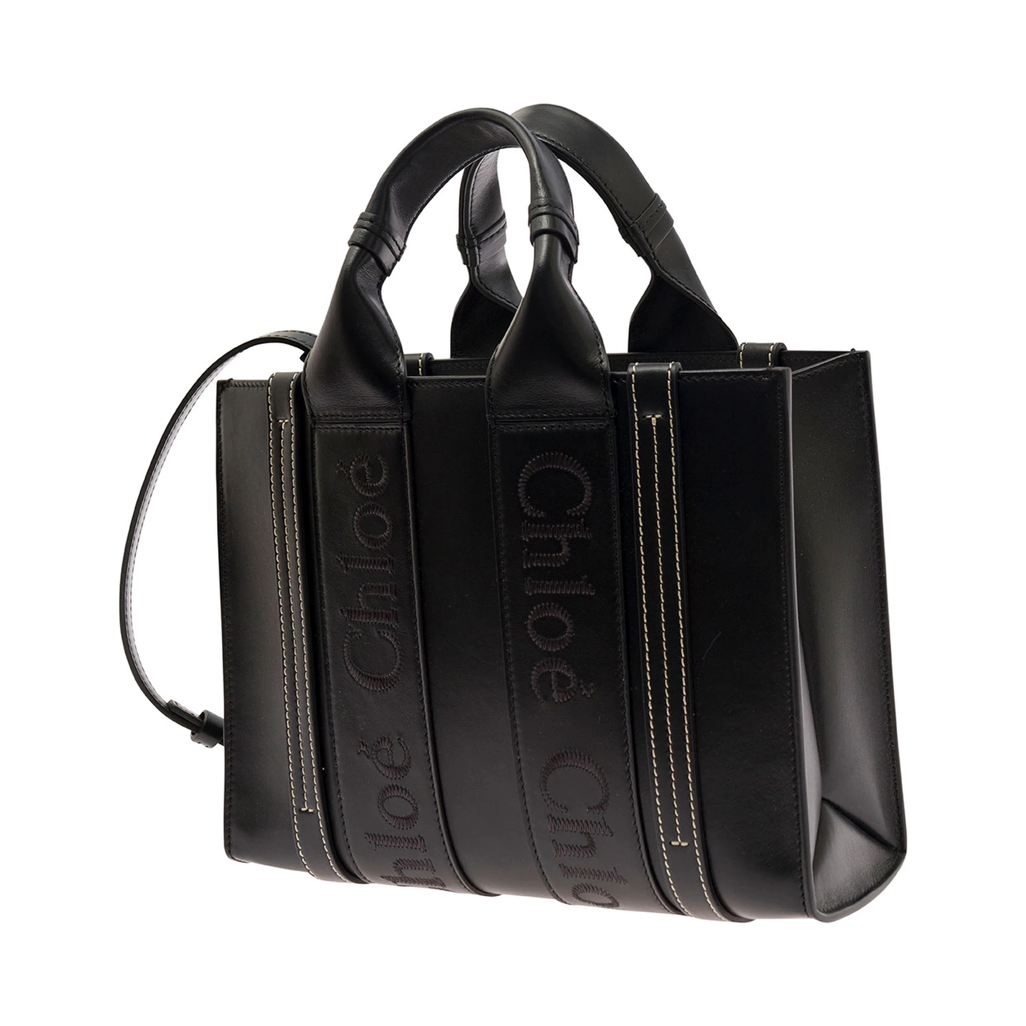 Small Woody Black Tote Bag with Tonal Logo Detail in Leather Woman