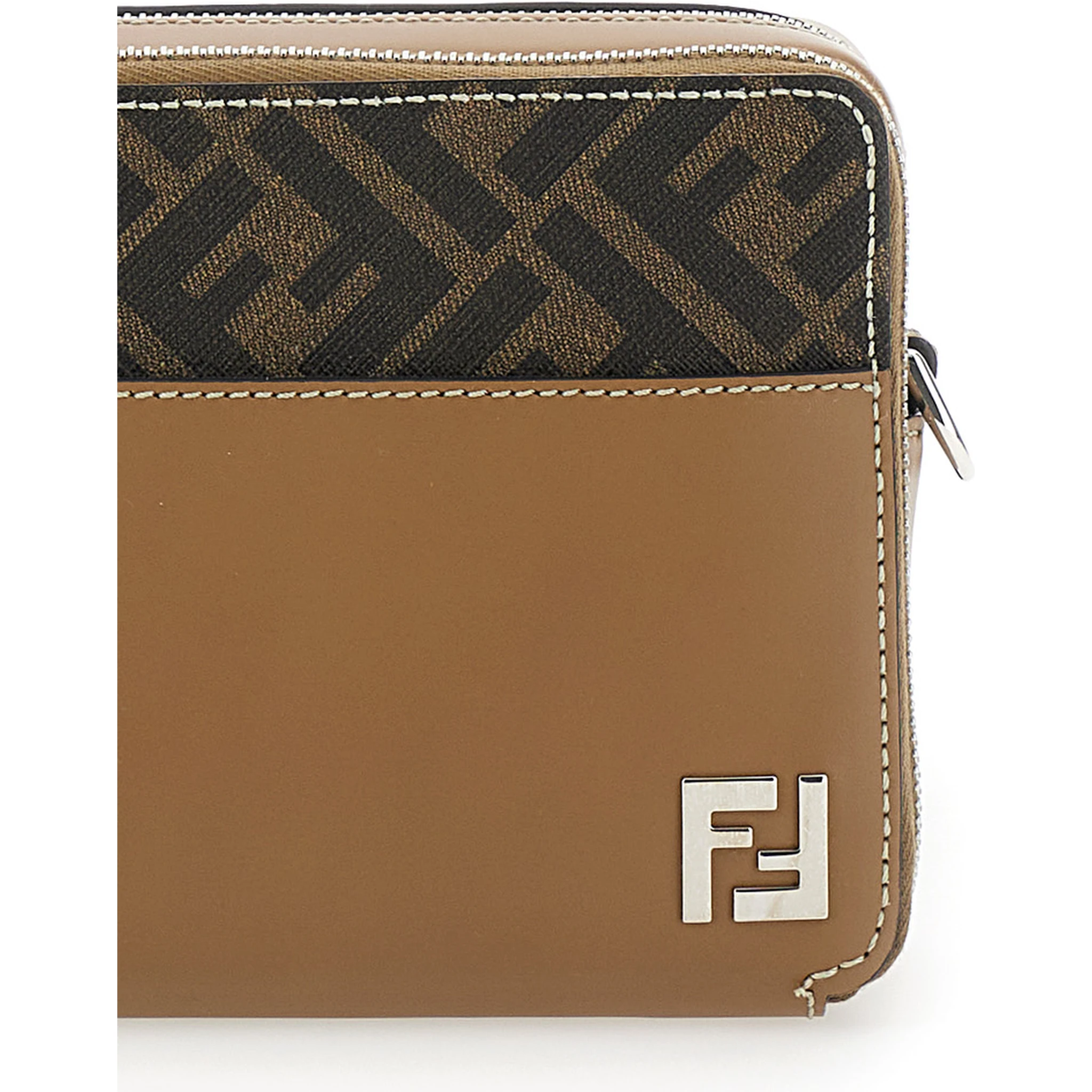 Camera Case Organizer Beige and Brown Crossbody Bag with FF Motif in Leather and Canvas Man
