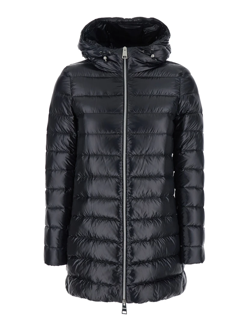 Black Down Jacket with Fixed Hood and Two Front Welt Pockets with Zip in Tech Fabric Woman