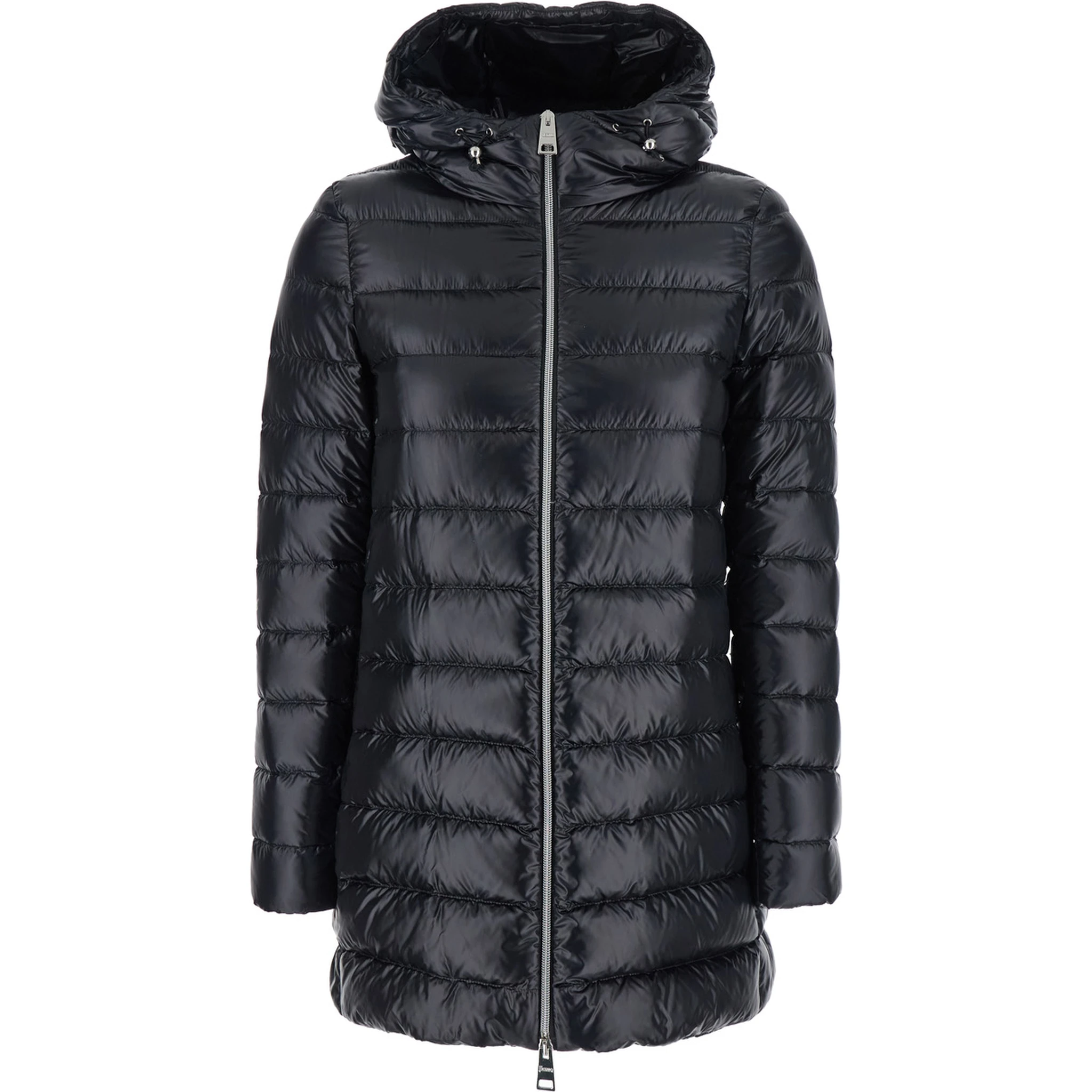 Black Down Jacket with Fixed Hood and Two Front Welt Pockets with Zip in Tech Fabric Woman