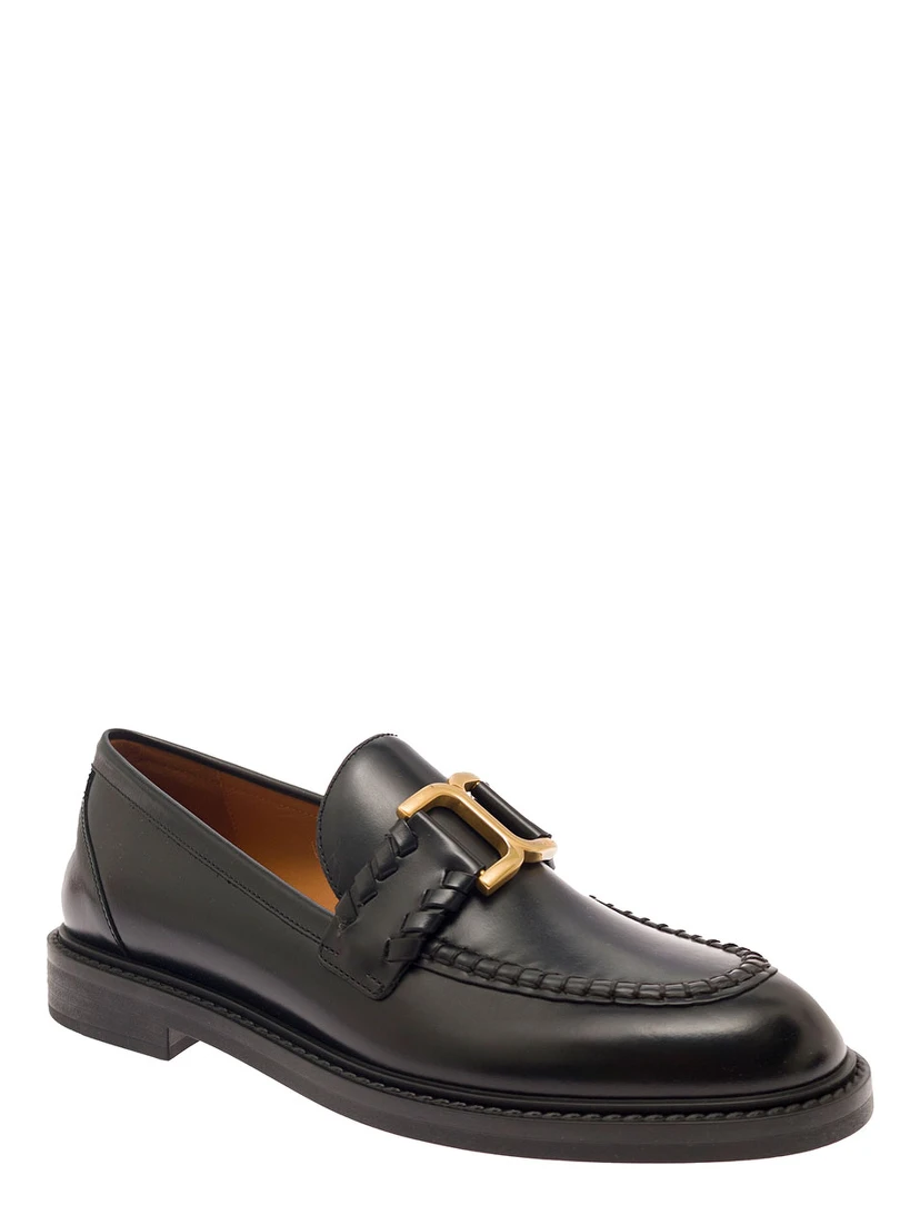 Marcie Black Loafers with Gold-Colored Metal Logo in Smooth Leather Woman