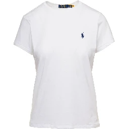 White Crewneck T-Shirt with Contrasting Logo Embrodery in Cotton Woman