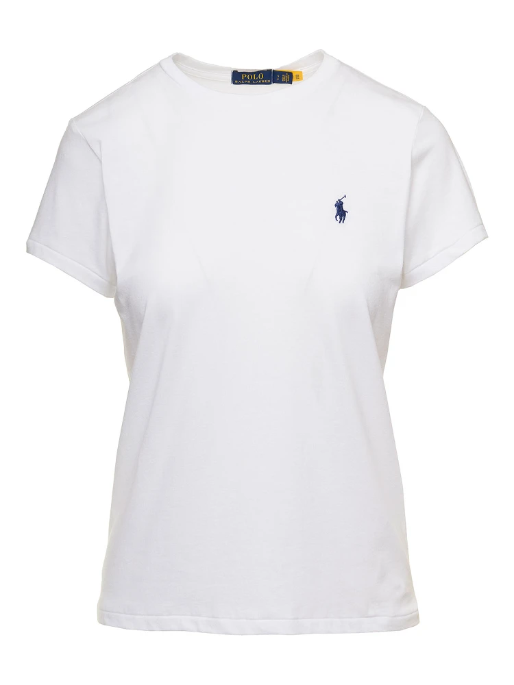 White Crewneck T-Shirt with Contrasting Logo Embrodery in Cotton Woman