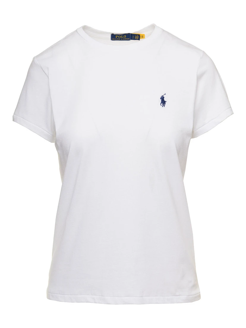 White Crewneck T-Shirt with Contrasting Logo Embrodery in Cotton Woman