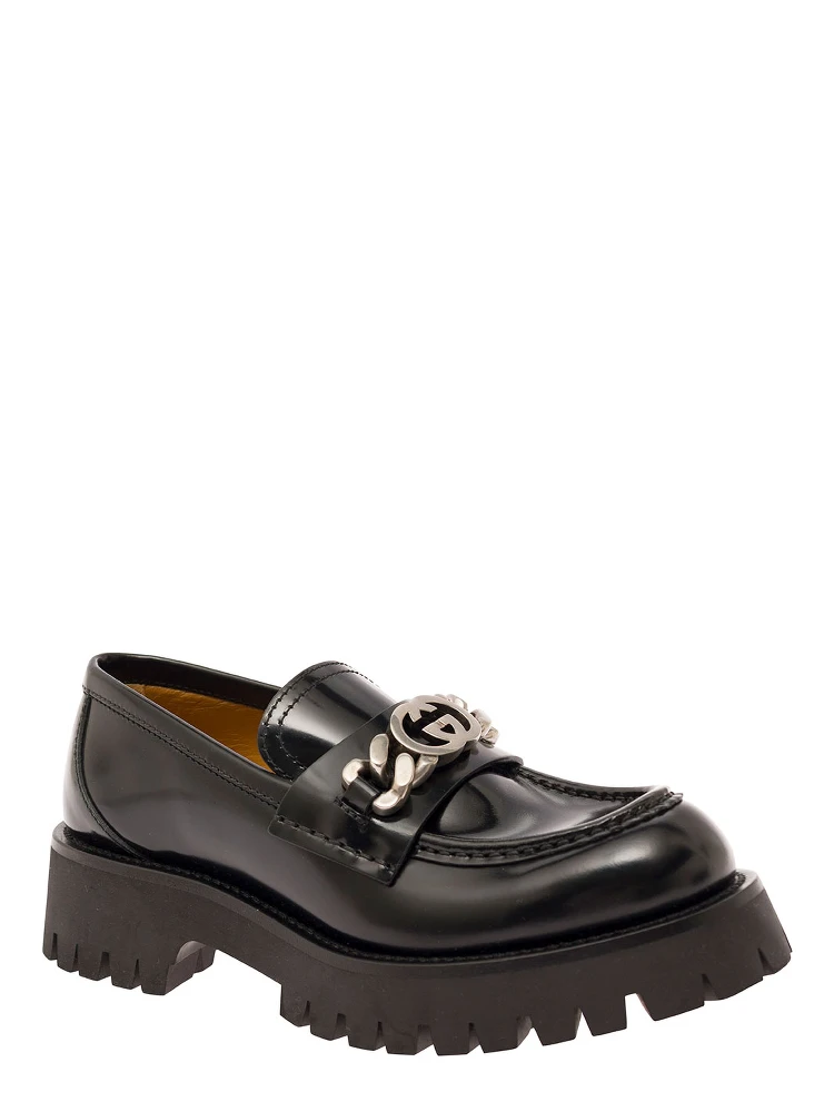 Jeanne Black Loafers with Interlocking G Detail and Lug Sole in Leather Woman alternative