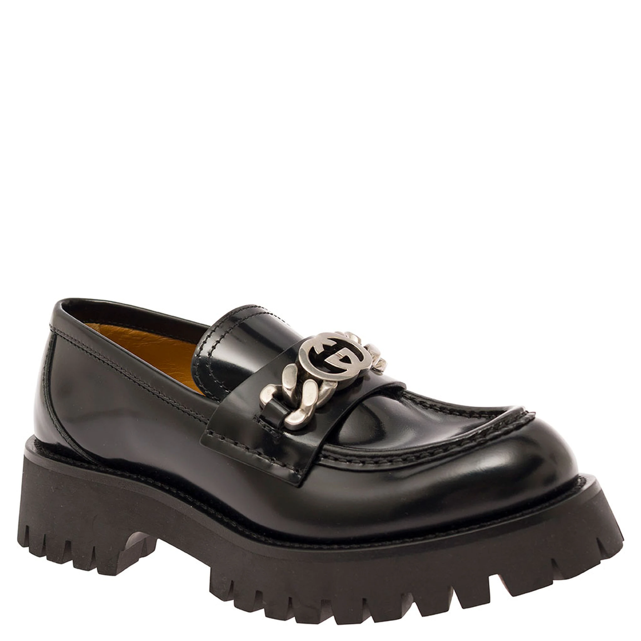 Jeanne Black Loafers with Interlocking G Detail and Lug Sole in Leather Woman