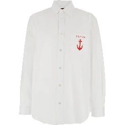 قميص أبيض بياقة كلاسيكية وشعار في الأمام من القطن الرجالي