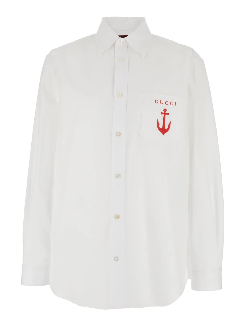 قميص أبيض بياقة كلاسيكية وشعار في الأمام من القطن الرجالي