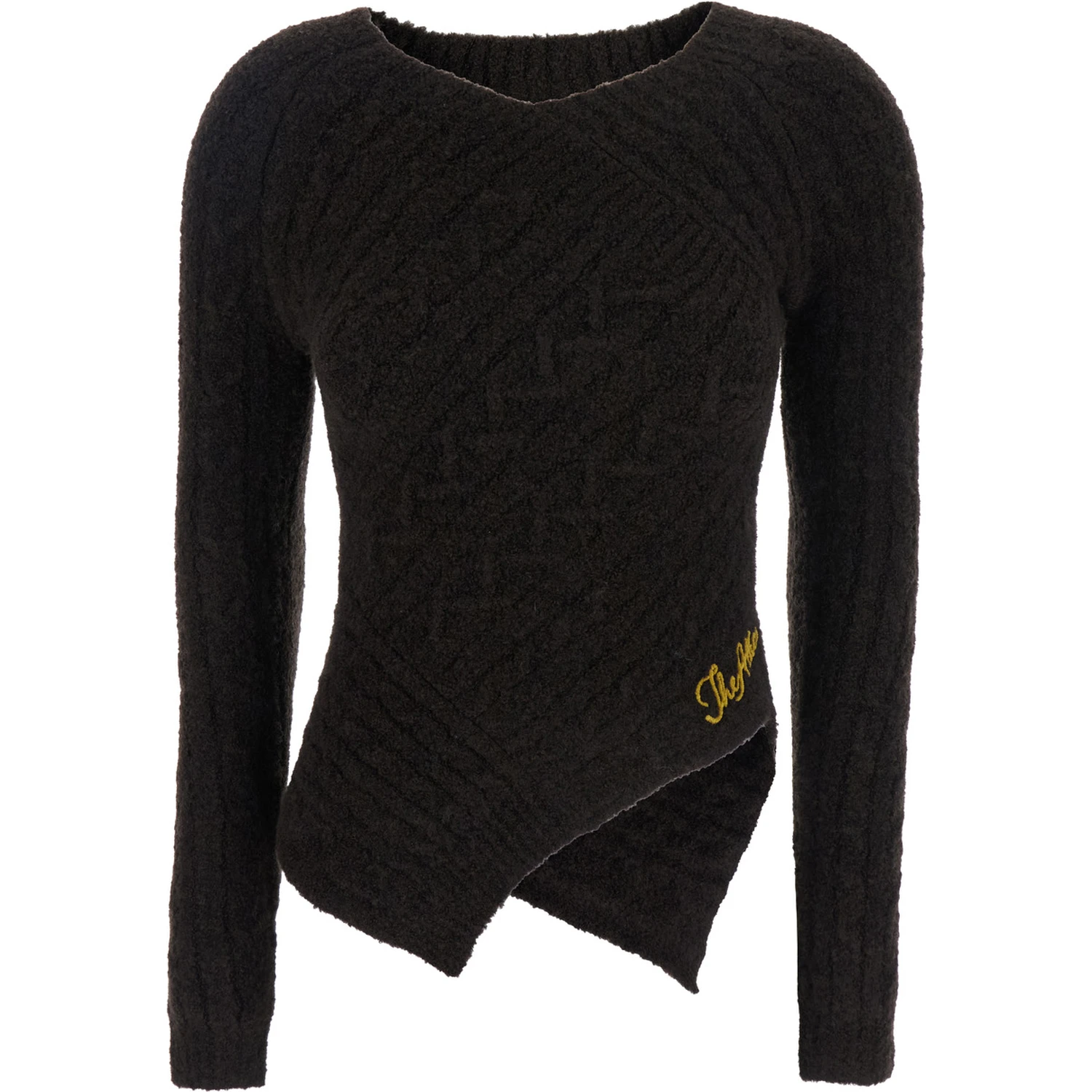 Brown Sweater with Asymmetrical Design and Logo Lettering in Wool Woman