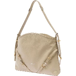 Voyou Beige Shoulder Bag with Embossed Logo in Smooth Leather Woman