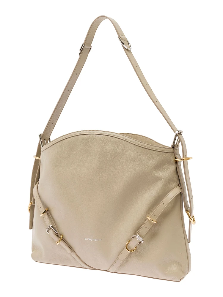 Voyou Beige Shoulder Bag with Embossed Logo in Smooth Leather Woman alternative