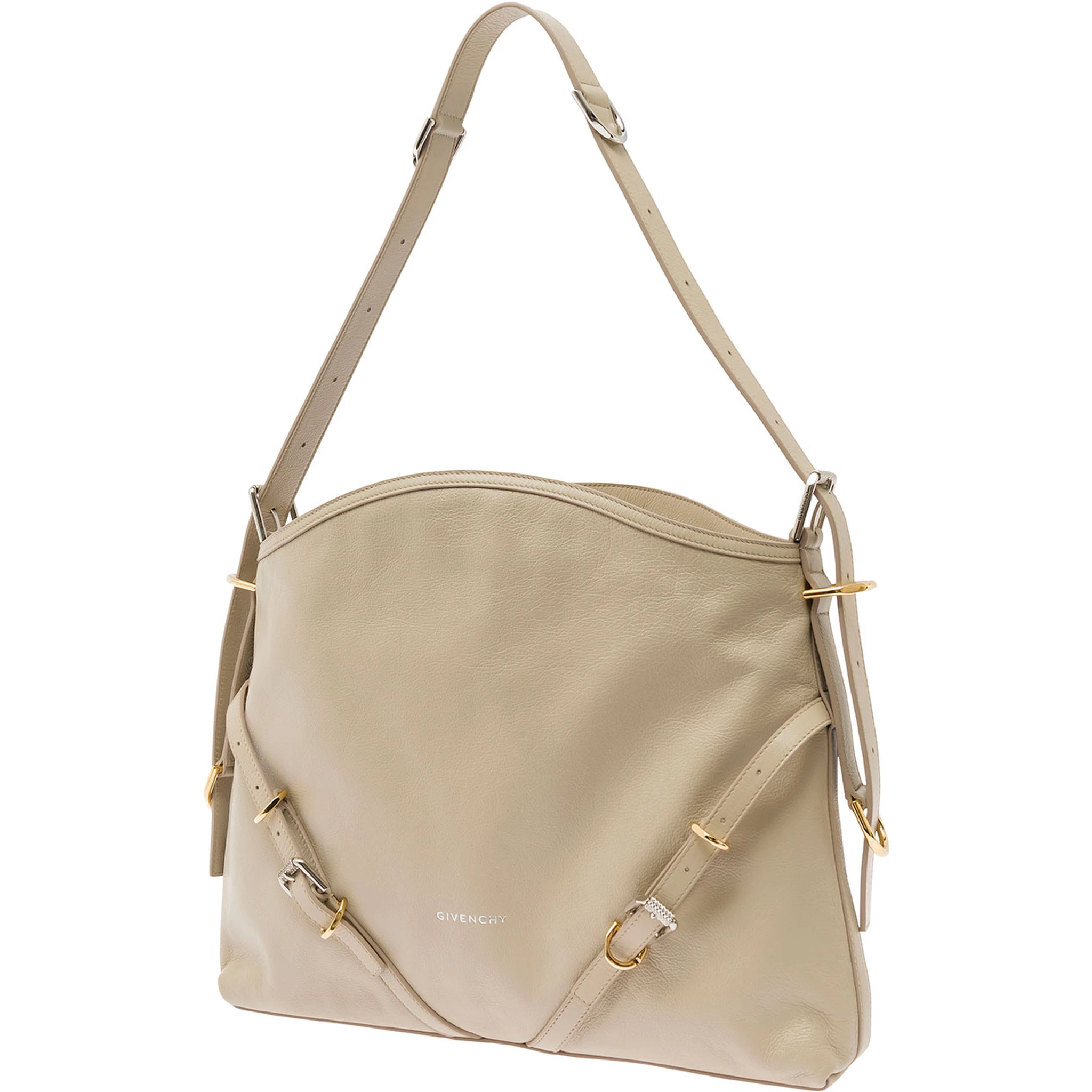 Voyou Beige Shoulder Bag with Embossed Logo in Smooth Leather Woman