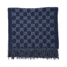 Blue Scarf with All-Over GG Motif and Fringed Hem in Cashmere Man