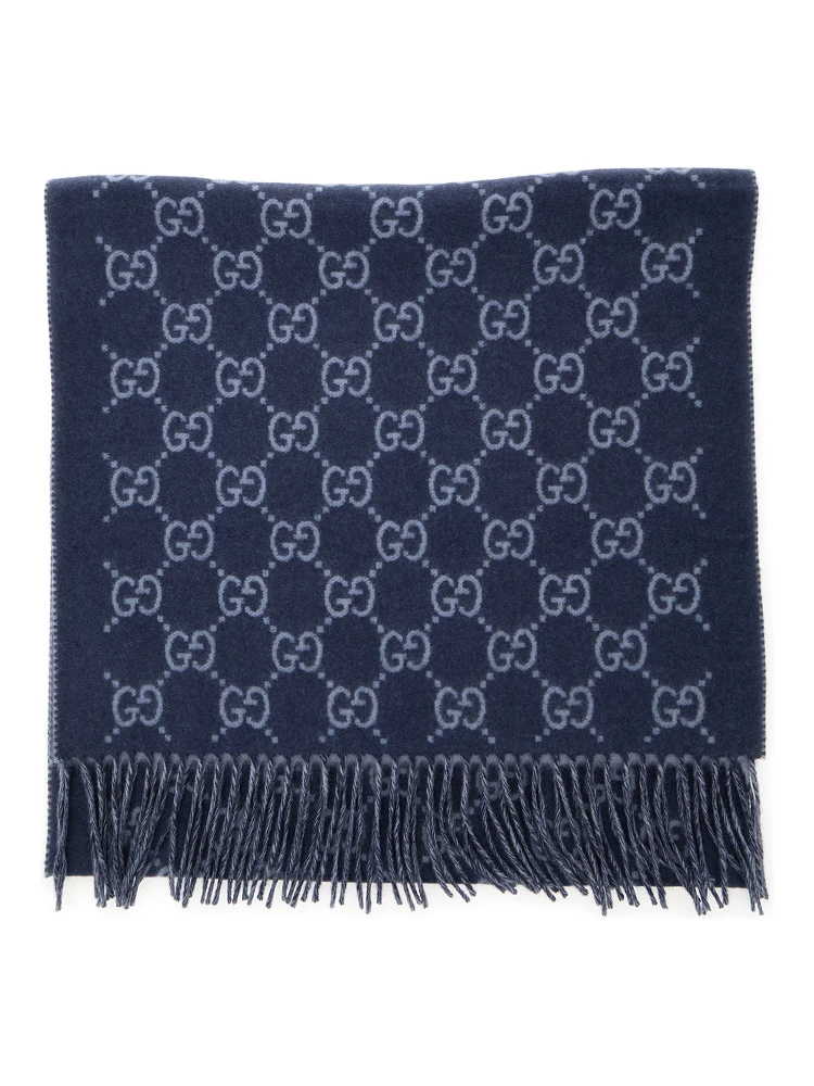 Blue Scarf with All-Over GG Motif and Fringed Hem in Cashmere Man
