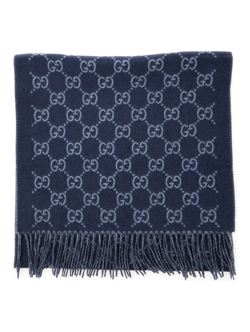 Blue Scarf with All-Over GG Motif and Fringed Hem in Cashmere Man