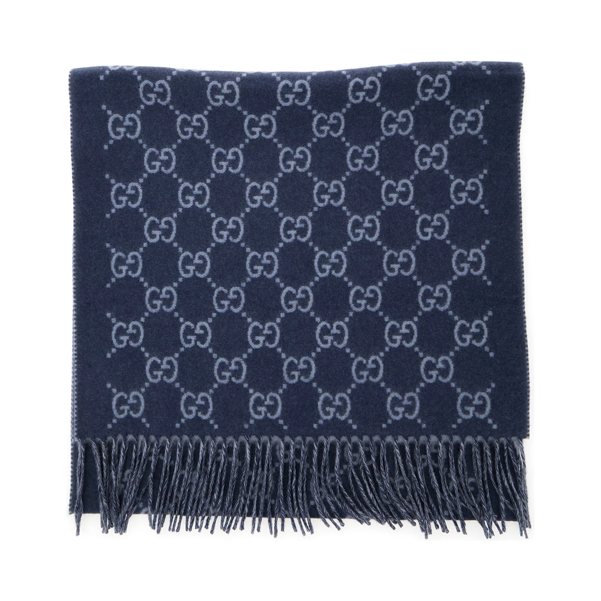 Blue Scarf with All-Over GG Motif and Fringed Hem in Cashmere Man