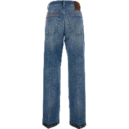 Blue Jeans with Logo Patch on the Rear and Floral Details in Denim Woman
