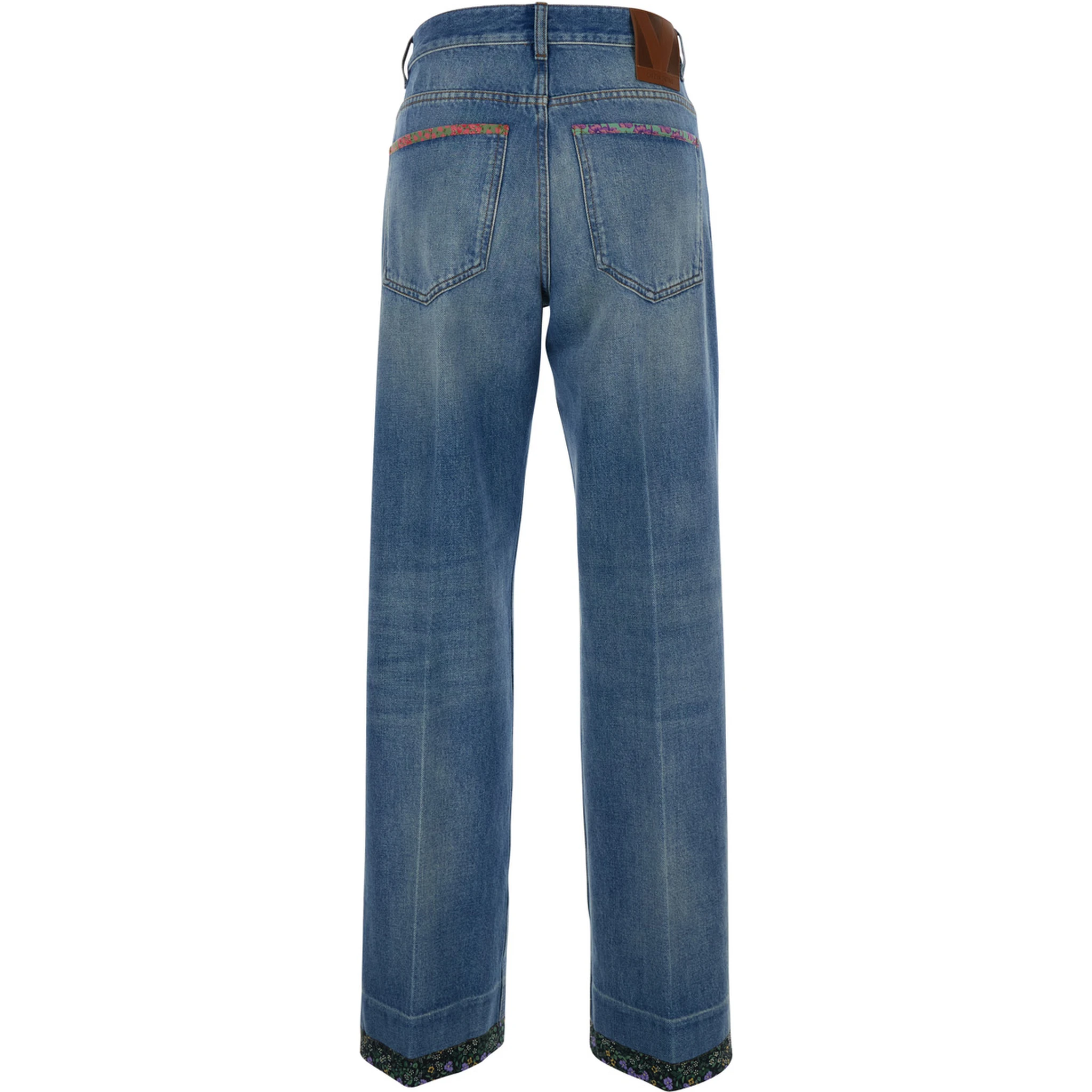 Blue Jeans with Logo Patch on the Rear and Floral Details in Denim Woman