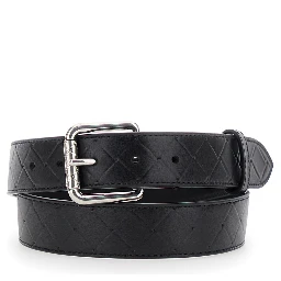 Black Belt with Intrecciato Motif and Buckle Closure in Leather Man