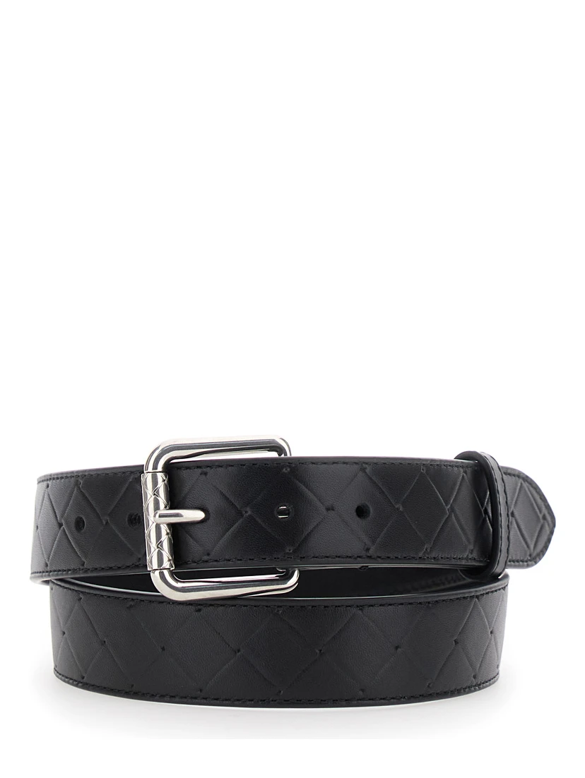 Black Belt with Intrecciato Motif and Buckle Closure in Leather Man