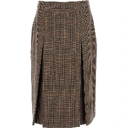 Grey Midi Skirt with Side Concealed Zip Closure and All-Over Check Motif in Wool and Cashmere Woman