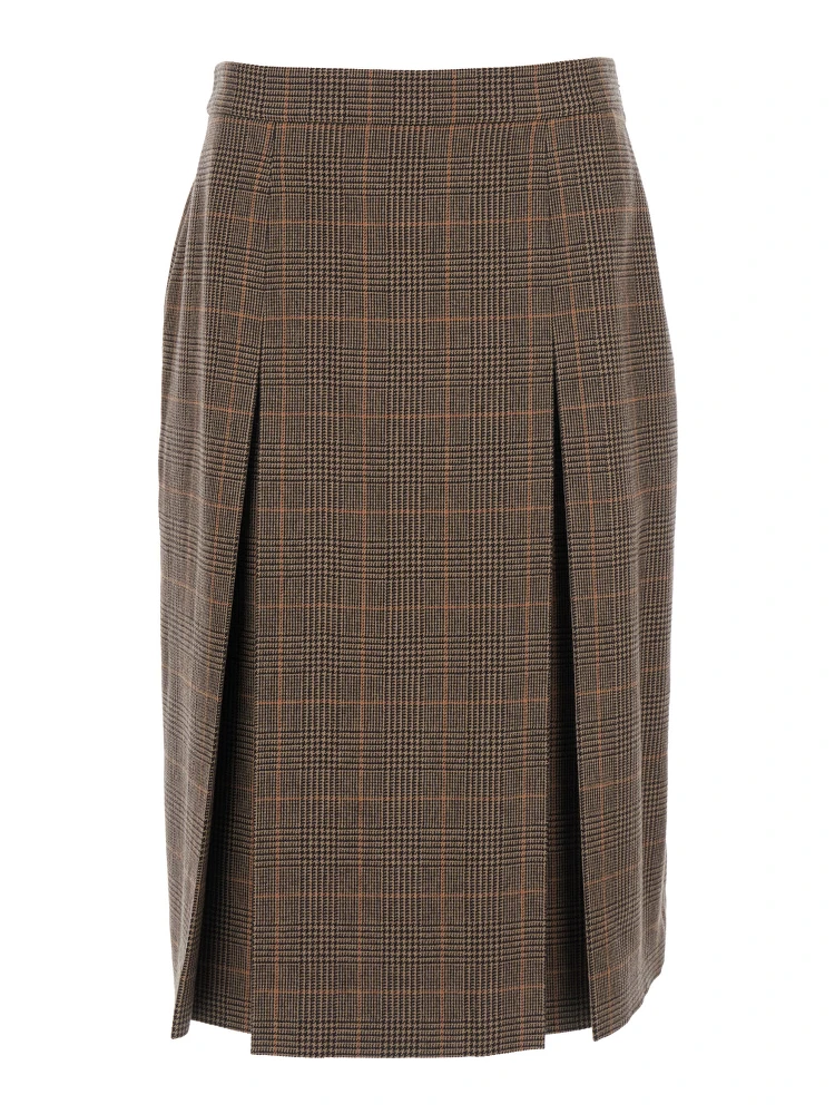 Grey Midi Skirt with Side Concealed Zip Closure and All-Over Check Motif in Wool and Cashmere Woman