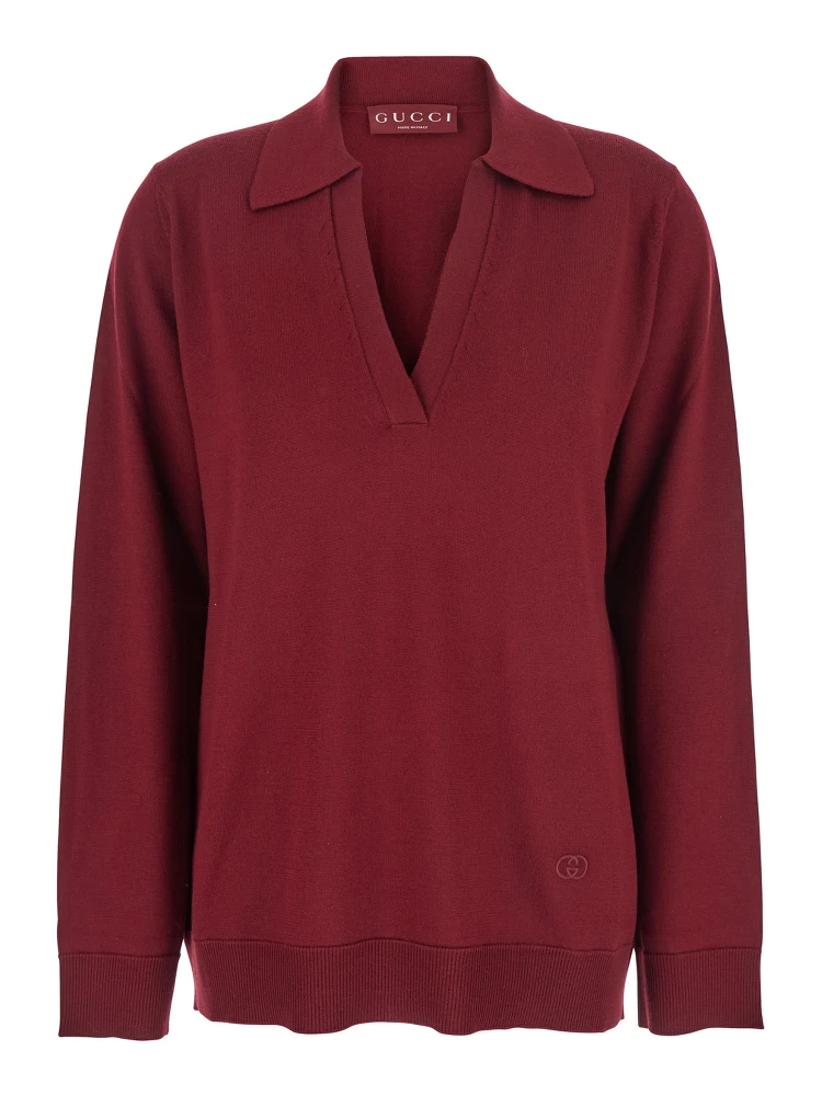 Bordeaux Polo Collar Sweater with GG Logo on the Front in Wool Woman