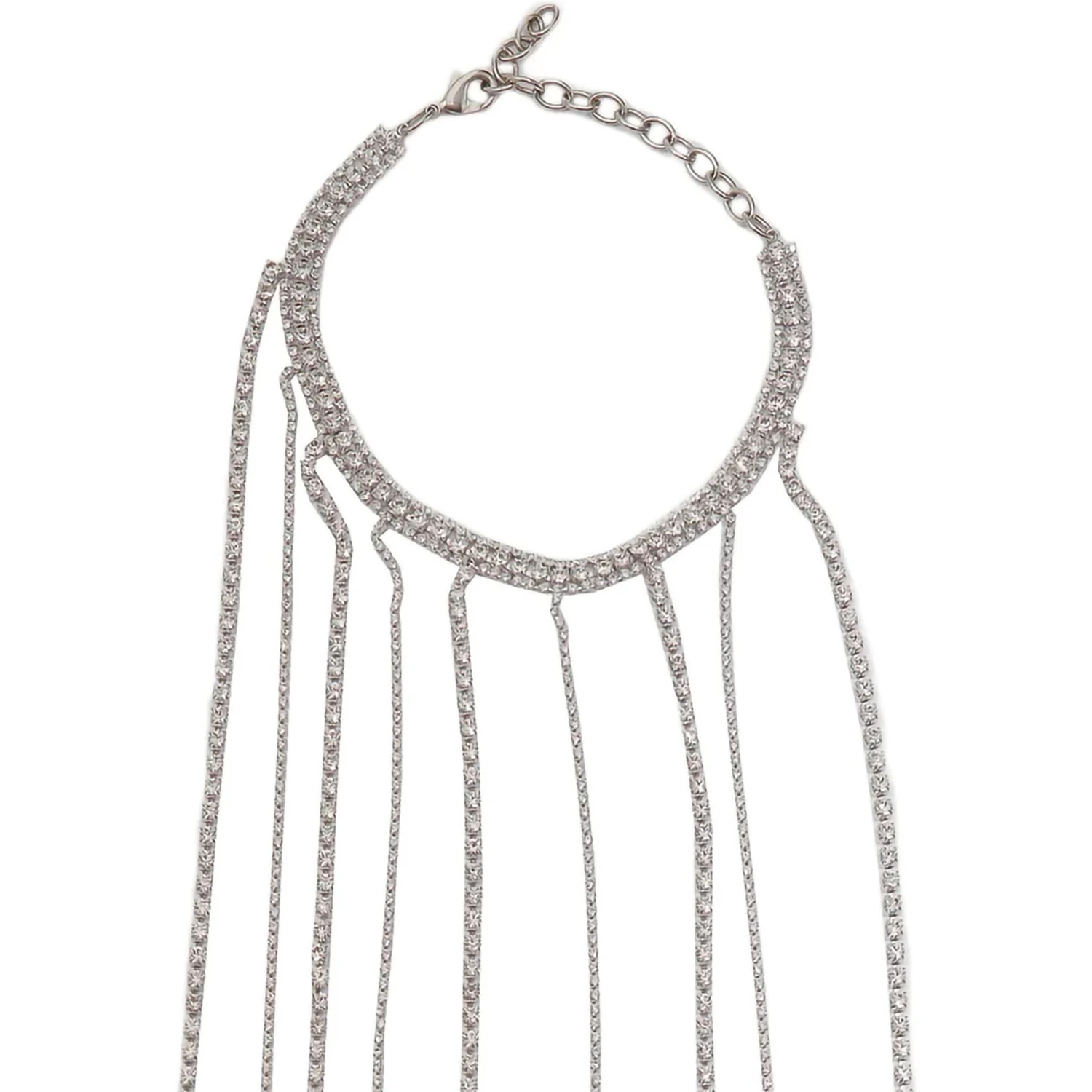 Silver-Colored Necklace with All-Over Applied Glass Crystals and Adjustable Clasp in Brass Woman