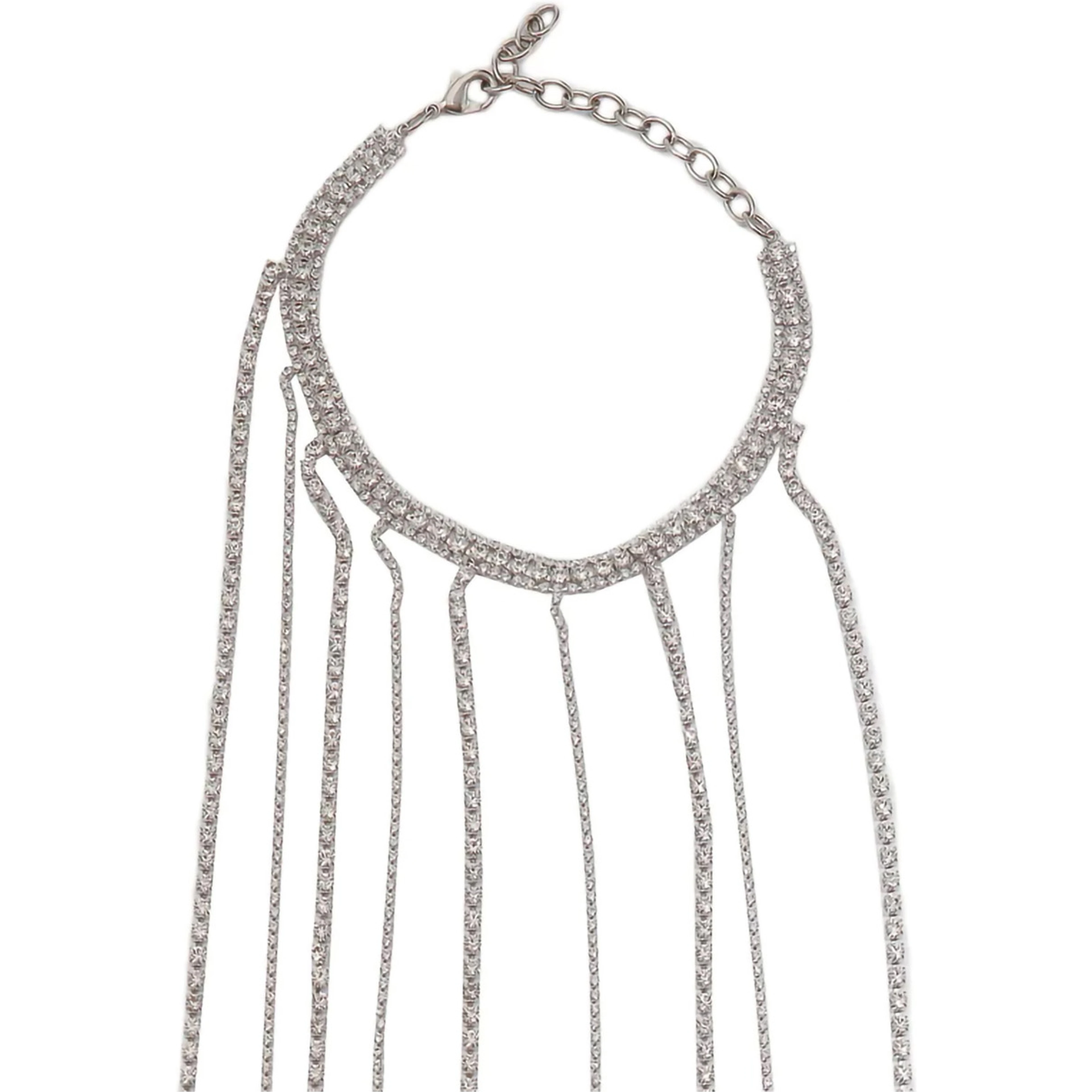 Silver-Colored Necklace with All-Over Applied Glass Crystals and Adjustable Clasp in Brass Woman