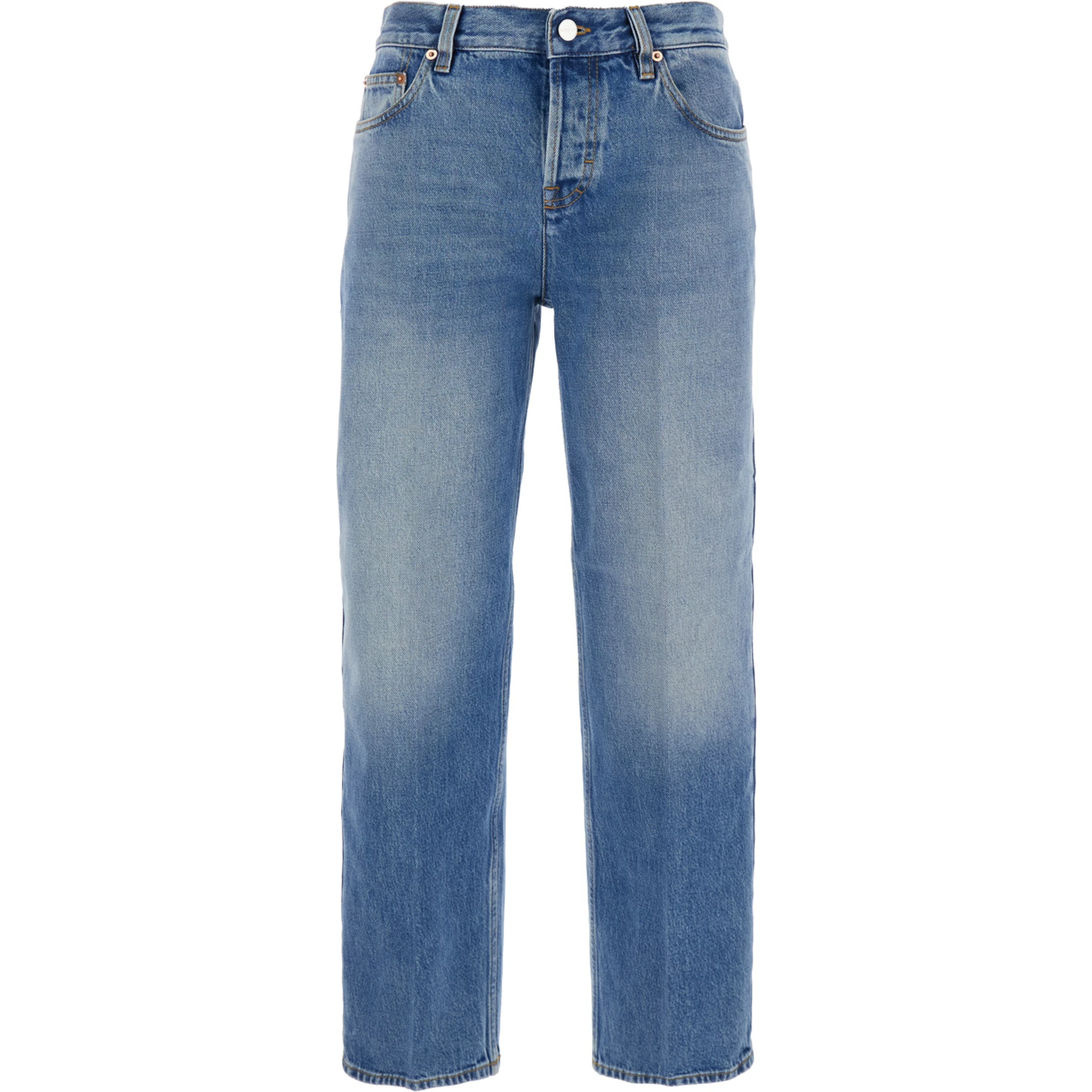 Blue Jeans with Logo Patch on the Rear and Faded Effect in Denim Woman