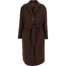Brown Reversible Double-Breasted Coat with Notched Revers and Belt in Wool Woman