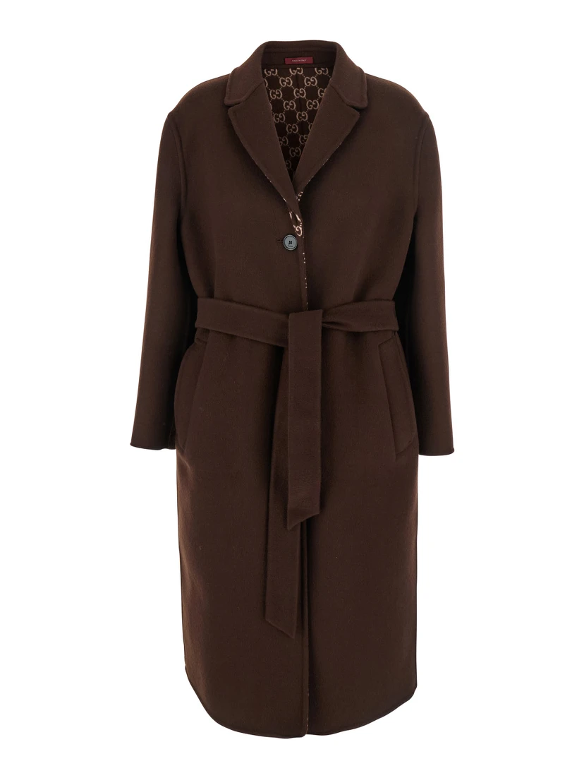 Brown Reversible Double-Breasted Coat with Notched Revers and Belt in Wool Woman