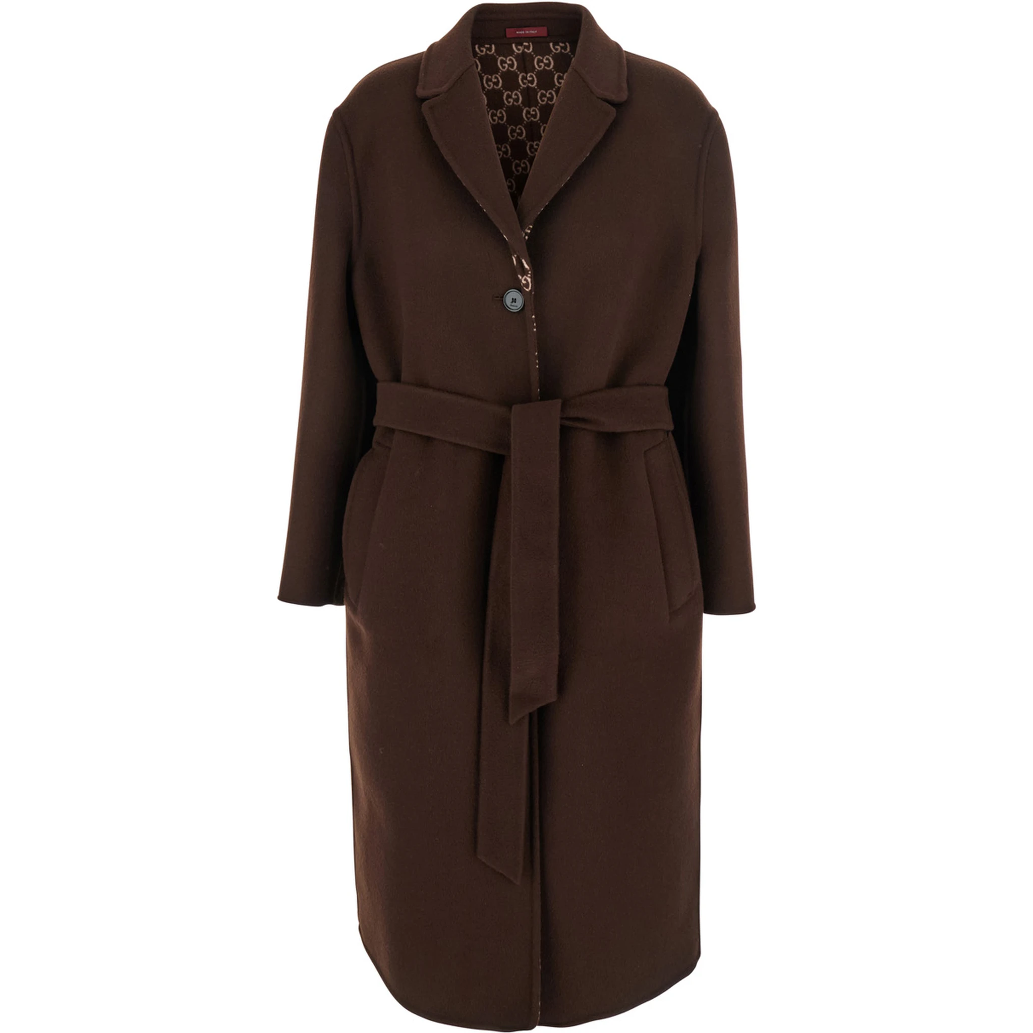 Brown Reversible Double-Breasted Coat with Notched Revers and Belt in Wool Woman