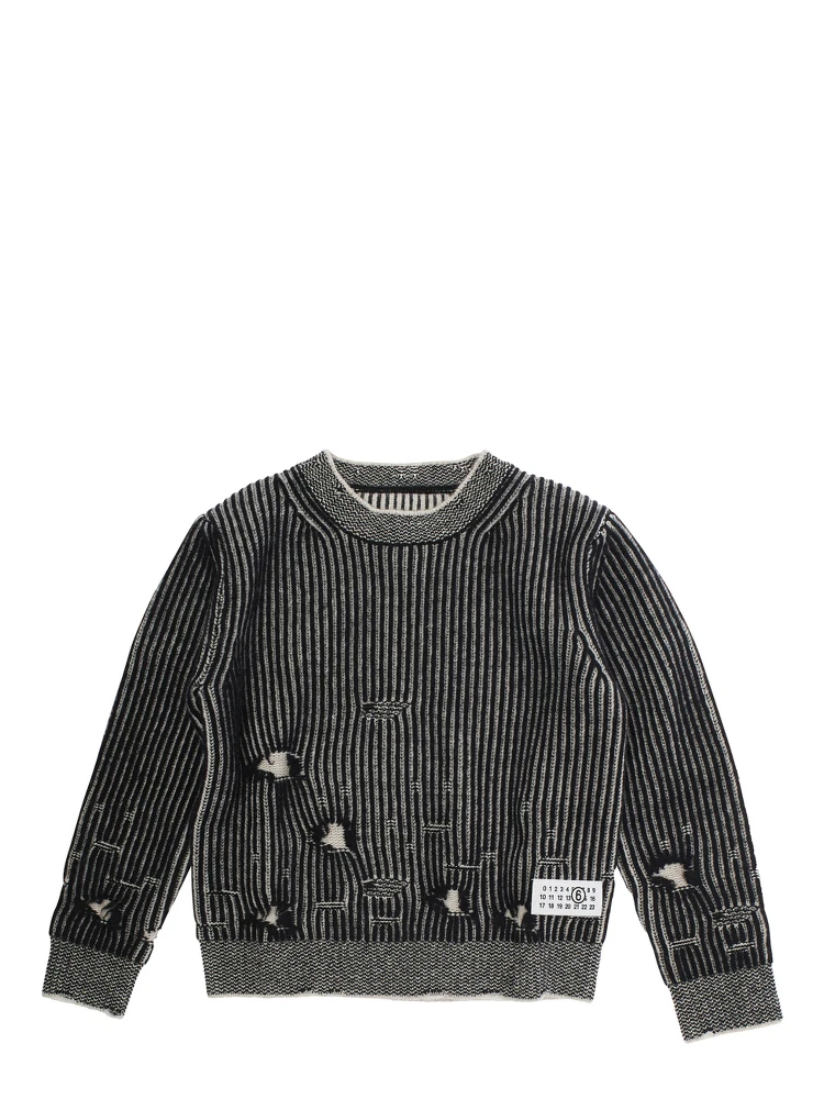 Black Sweater with Ripped Details and Logo Patch in Wool Boy