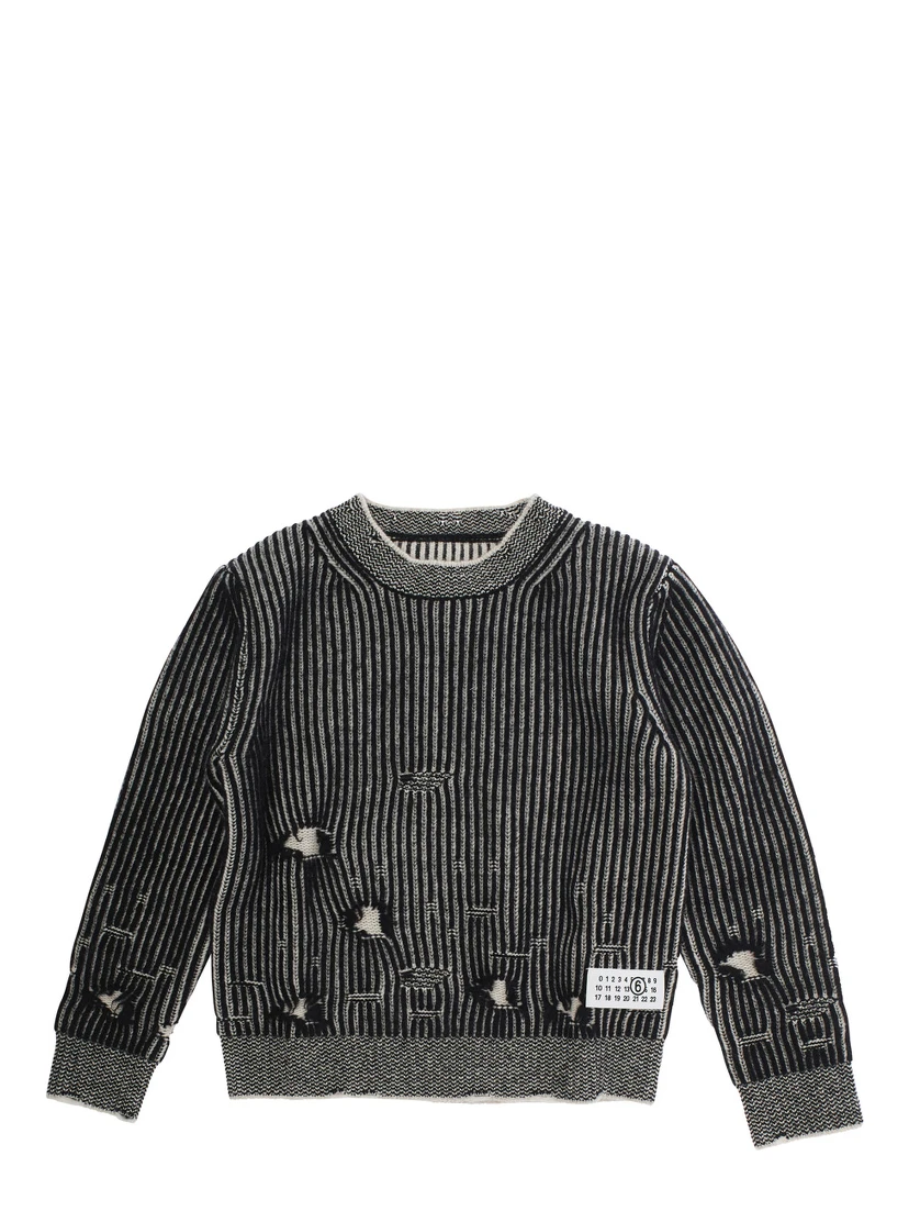 Black Sweater with Ripped Details and Logo Patch in Wool Boy