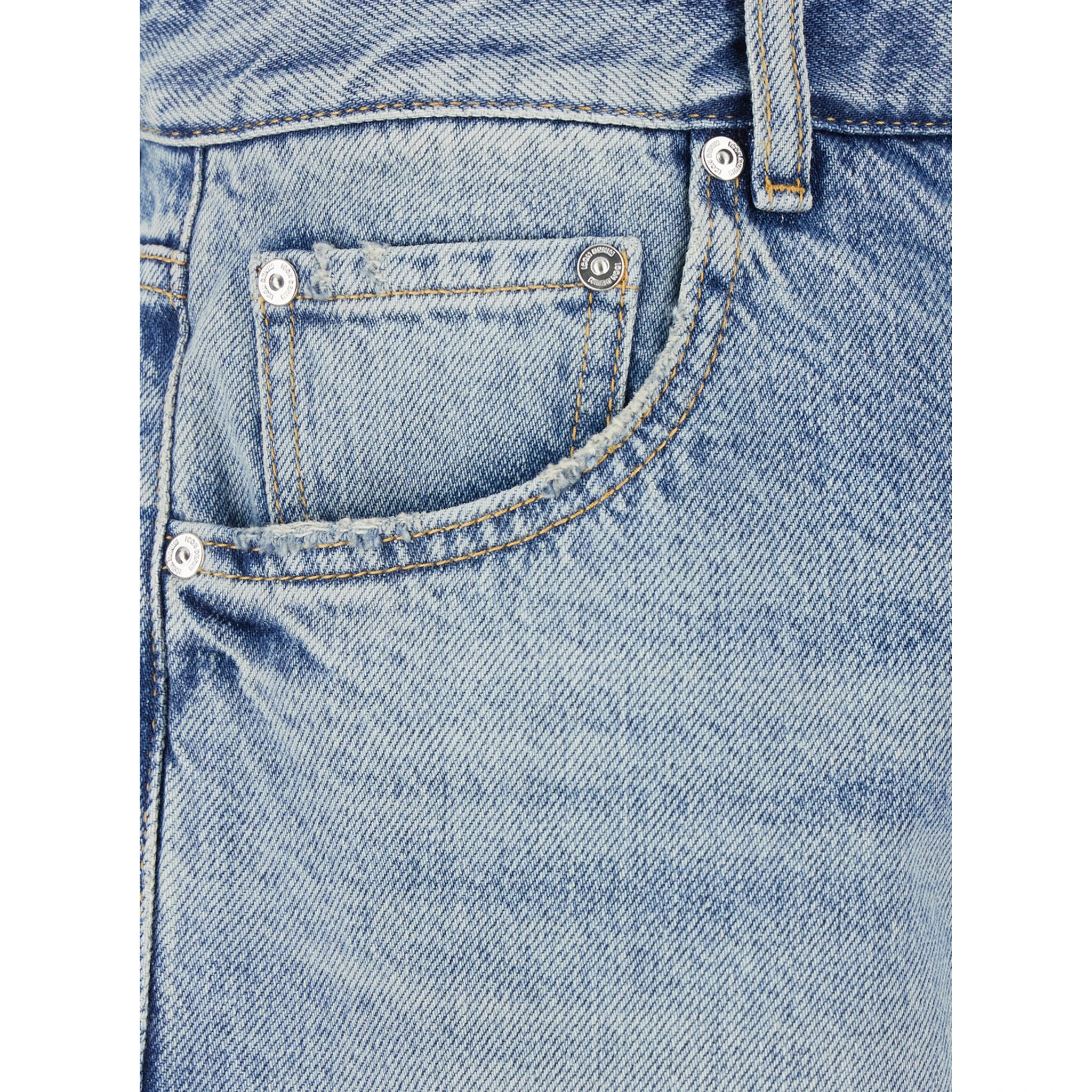 Light Blue Five-Pocket Bermuda Shorts with Logo Patch on the Back in Denim Man