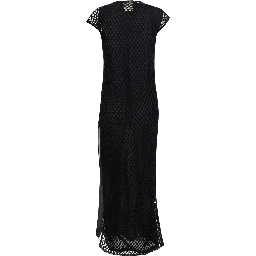 Black Crewneck Long Dress with Fishnet Design and Matching Underdress in Cotton Woman