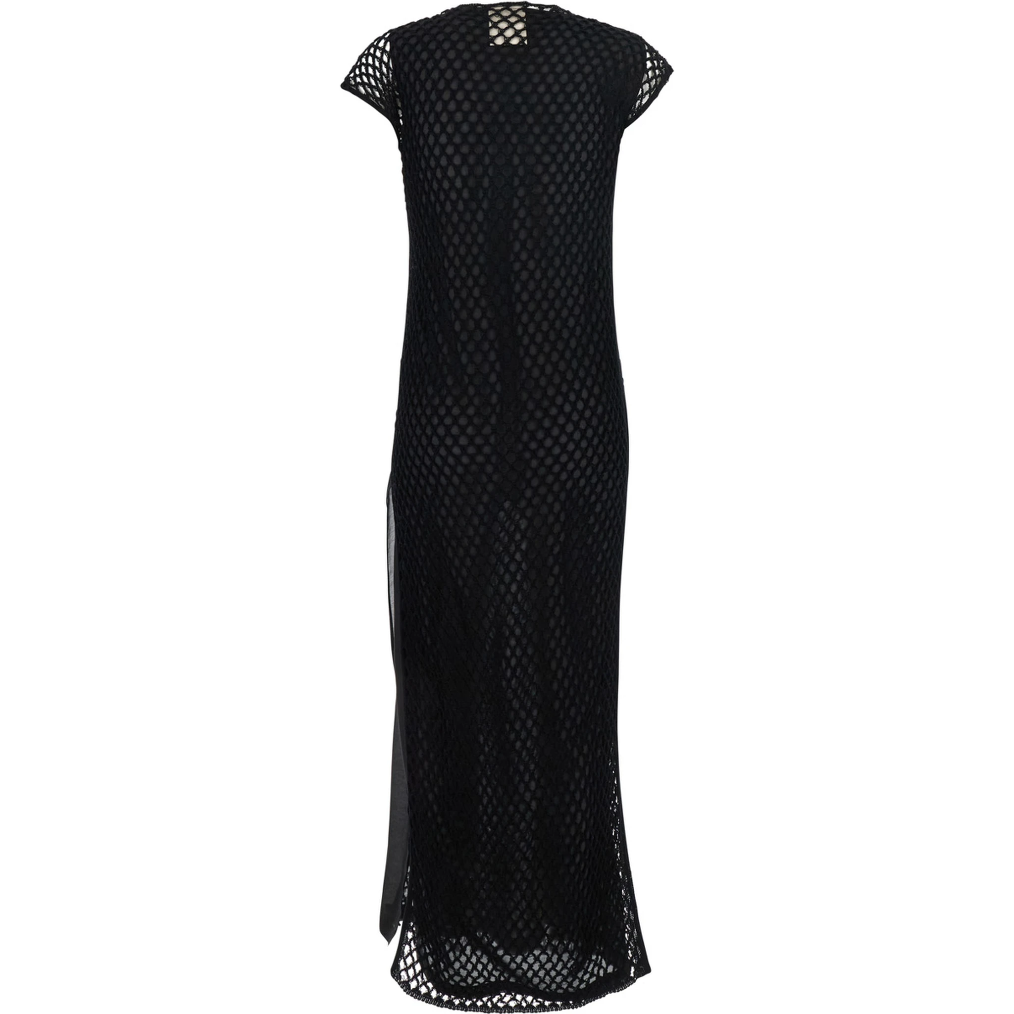 Black Crewneck Long Dress with Fishnet Design and Matching Underdress in Cotton Woman