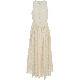 White Long Dress with V-Neck and Waist Belt with Metallic Logo Plaque in Cotton Woman