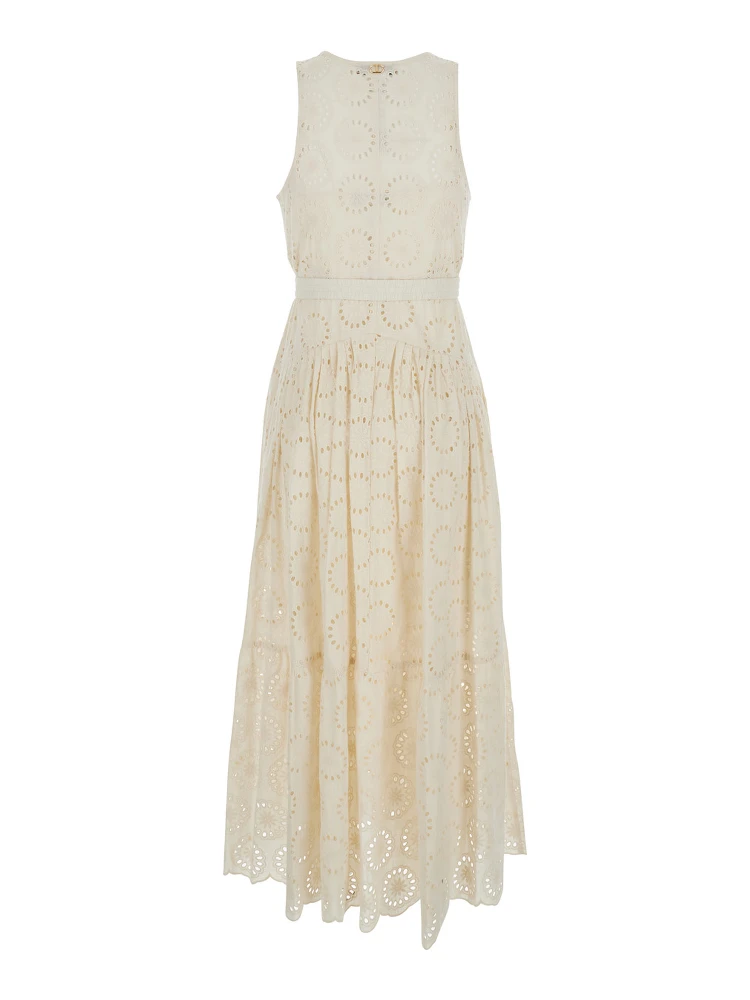 White Long Dress with V-Neck and Waist Belt with Metallic Logo Plaque in Cotton Woman alternative