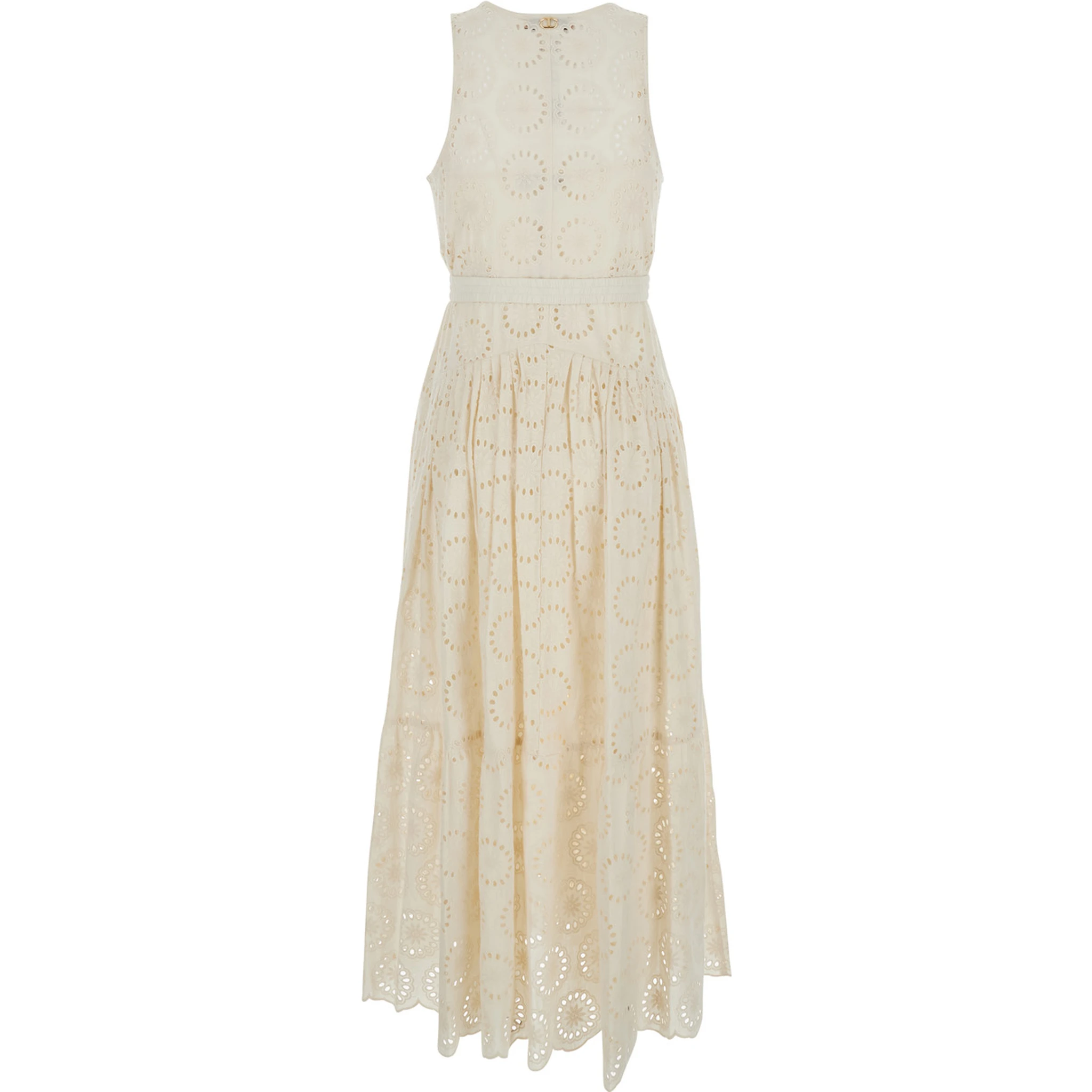 White Long Dress with V-Neck and Waist Belt with Metallic Logo Plaque in Cotton Woman