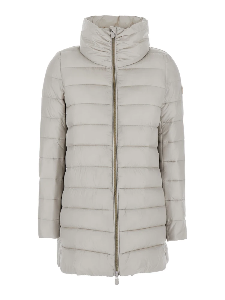 Lydia Beige Down Jacket with High Neck and Logo Patch on the Sleeve in Tech Fabric Woman
